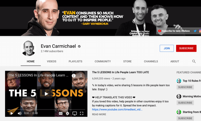 Stránka kanálu YouTube pro Evana Carmichaela
