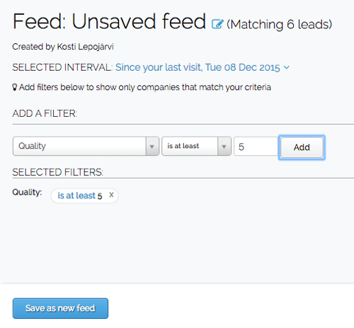 Poté, co vytvoříte filtr v Leadfeeder, můžete filtr uložit do svého vlastního zdroje.