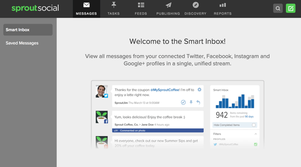 Sprout Social nabízí inteligentní doručenou poštu, která vám umožní prohlížet zprávy z více sociálních profilů na jednom místě.