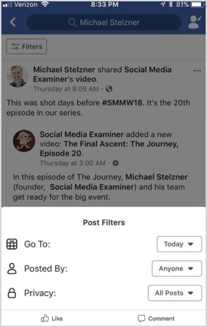 Funkce filtru pro vyhledávání profilů na Facebooku, kterou ve volné přírodě našel Mike Stelzner.