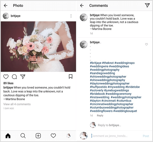 příklad příspěvku na Instagramu s kombinací hashtagů obsahu, průmyslu, výklenku a značky