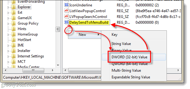 V systému Windows 7 odložte vytváření dwordů do nabídky