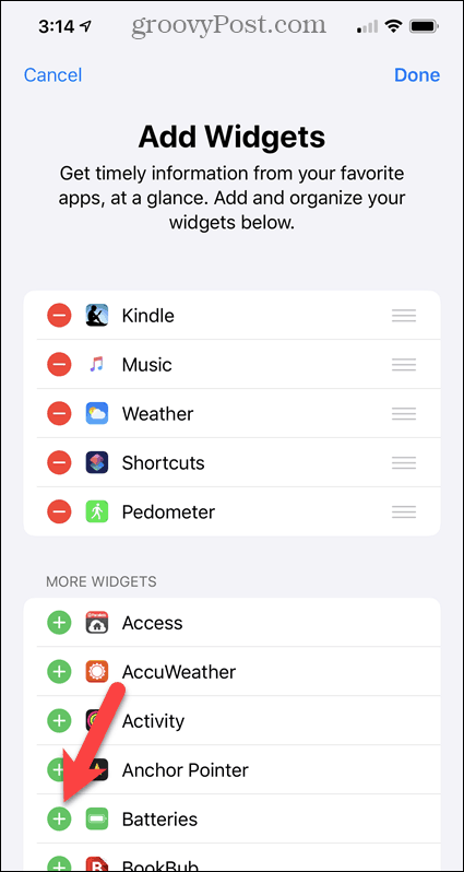 Přidejte widget Baterie na obrazovku Widgety iPhone