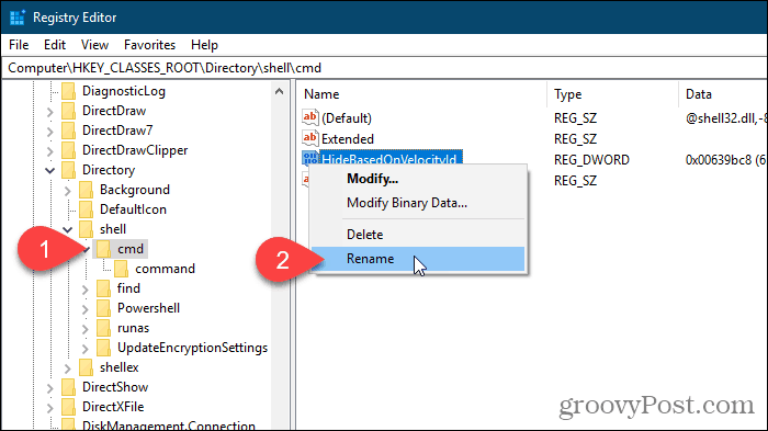 Vyberte Přejmenovat pro hodnotu HideBasedOnVelocityId v Editoru registru Windows
