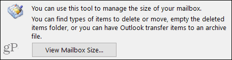 Zobrazení velikosti poštovní schránky v aplikaci Outlook