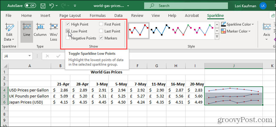 Zobrazit možnosti pro Sparklines v aplikaci Excel