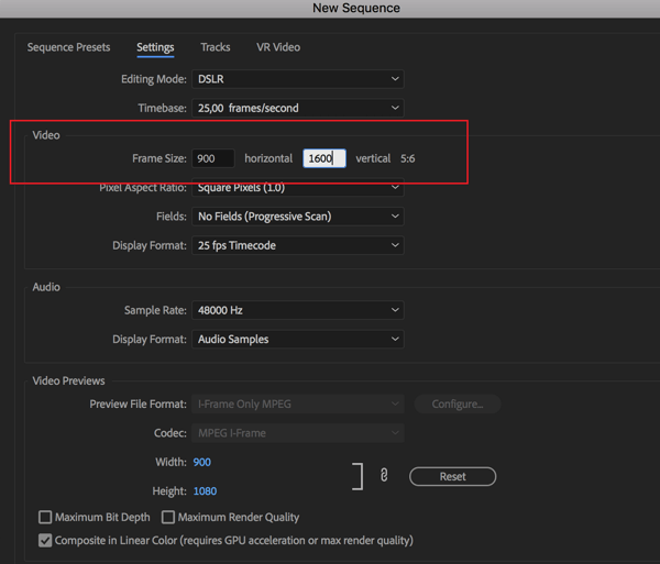 Možnost nastavit snímkovou frekvenci pro vaši sekvenci v Adobe Premier Pro.