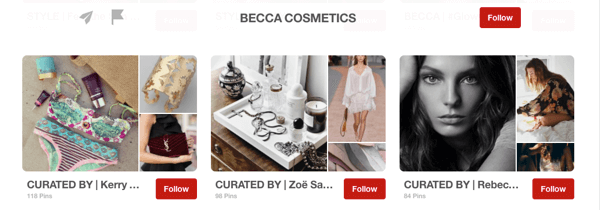 Příklad desek hostů na Pinterestu, které vytvořili ovlivňovatelé pro kosmetiku Becca.