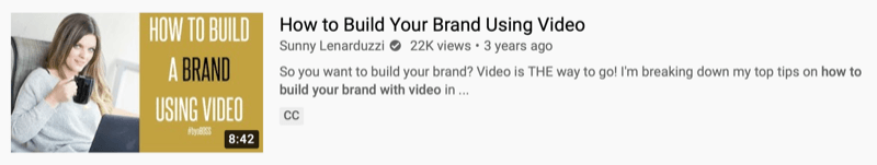 příklad videa z youtube od @sunnylenarduzzi o „jak budovat svou značku pomocí videa“ zobrazující 22 tisíc zhlédnutí za poslední 3 roky