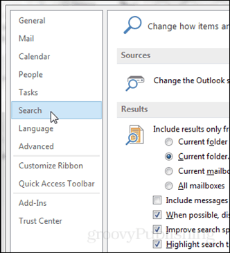 možnosti aplikace Outlook> hledat