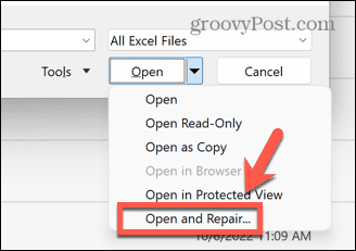 Excel otevřít a opravit dokument
