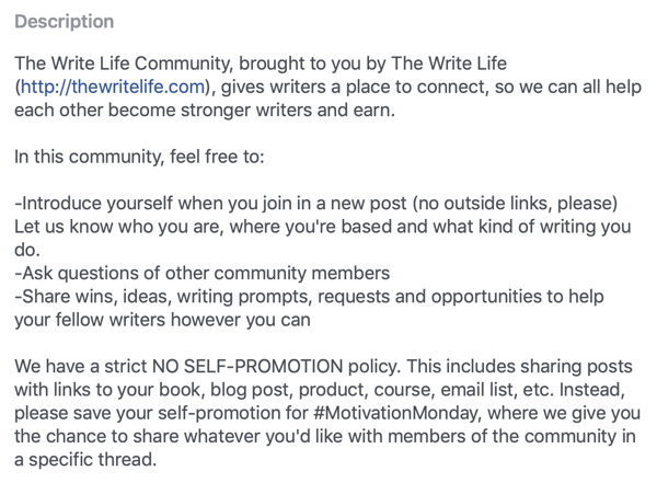 Jak vylepšit komunitu skupiny na Facebooku, příklad popisu a pravidel skupiny na Facebooku komunitou The Write Life