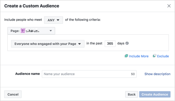 Vyplňte kritéria pro vlastní publikum zaměřené na interakci se stránkami Facebooku.