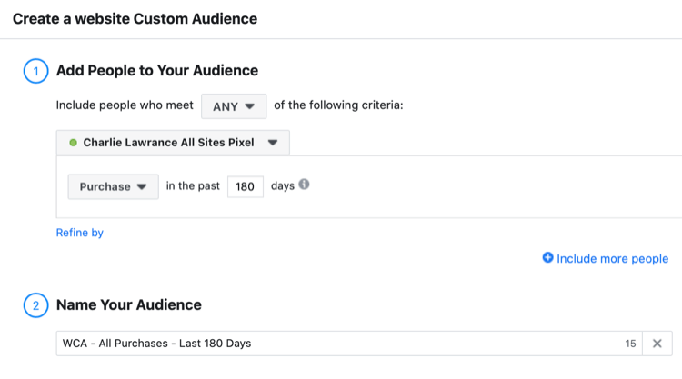 nastavit vlastní publikum návštěvníků webu Facebook, kteří si zakoupili za posledních 180 dní