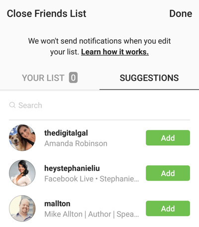 Možnost kliknout na Přidat pro přidání přítele do vašeho seznamu Zavřít přátele na Instagramu.