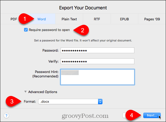 Dialogové okno Exportovat váš dokument na stránkách pro Mac