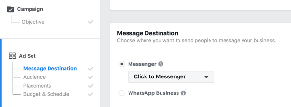 Facebook Click to Messenger ads, krok 1.