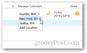 Prohlídka počasí v kalendáři Outlook 2013 – Přidat Odebrat města