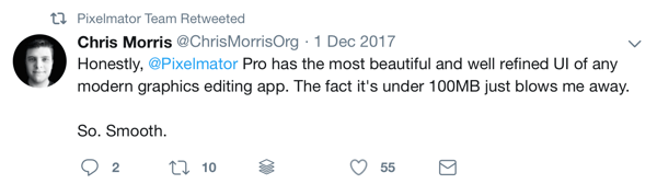 Jak používat sociální marketing ve svém marketingu, příklad sociální recenze Pixelmator se značkou od @ChrisMorrisOrg