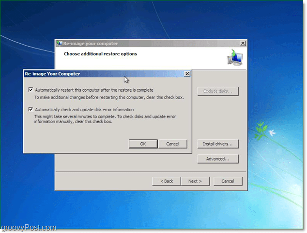 Pomocí pokročilých možností můžete přizpůsobit obnovení obrazu systému Windows 7