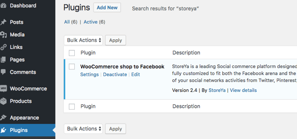 Budete vědět, že plugin je aktivován, když se WooCommerce Shop na Facebook objeví v části Installed Plugins.
