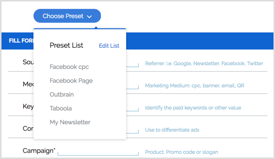 Předvolby rozšíření Google URL Builder pro Chrome