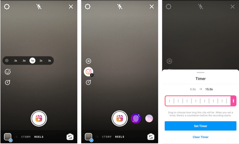 snímky obrazovky zobrazující možnost a nastavení časovače kotoučů instagramu 