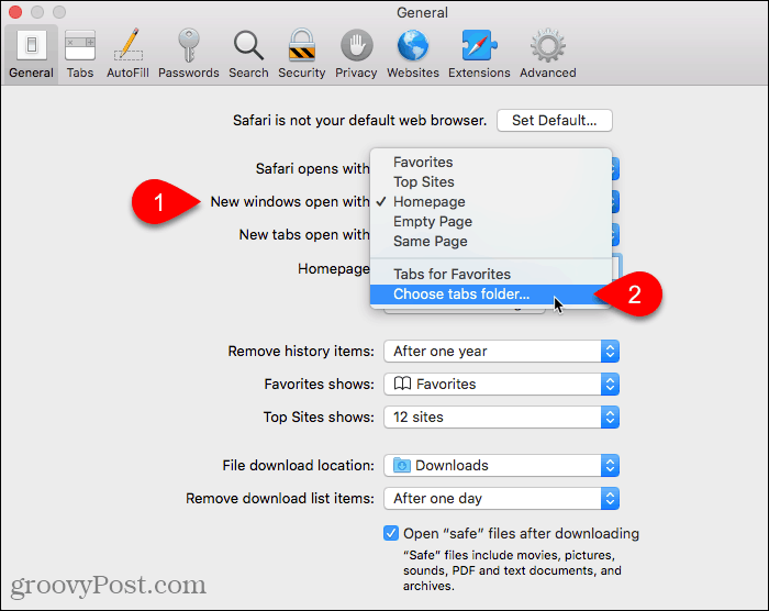 Vyberte možnost Vybrat složku se záložkami pro Otevřít nová okna s nastavením v Safari v systému Mac