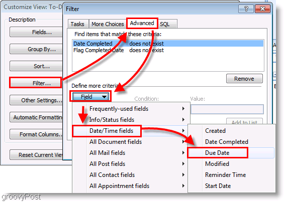 Snímek obrazovky: Filtr nastavení úkolů aplikace Outlook 2007