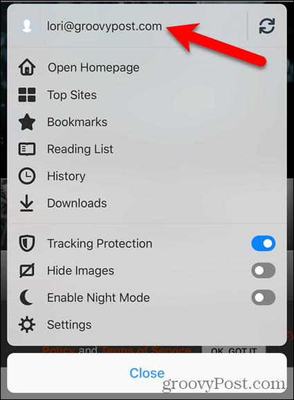 Klepněte na e-mail účtu v prohlížeči Firefox pro iOS