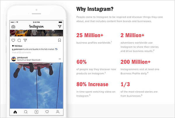 Instagram má webovou stránku s názvem „Proč Instagram?“ který sdílí důležité statistiky o Instagramu a Instagram Stories pro firmy.
