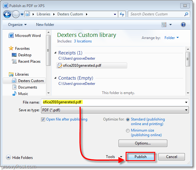 vyberte umístění pro uložení dokumentu PDF vaší kanceláře 2010