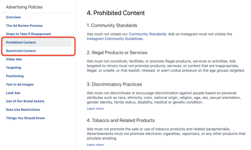 Sekce Zakázaný obsah zásad inzerce na Facebooku