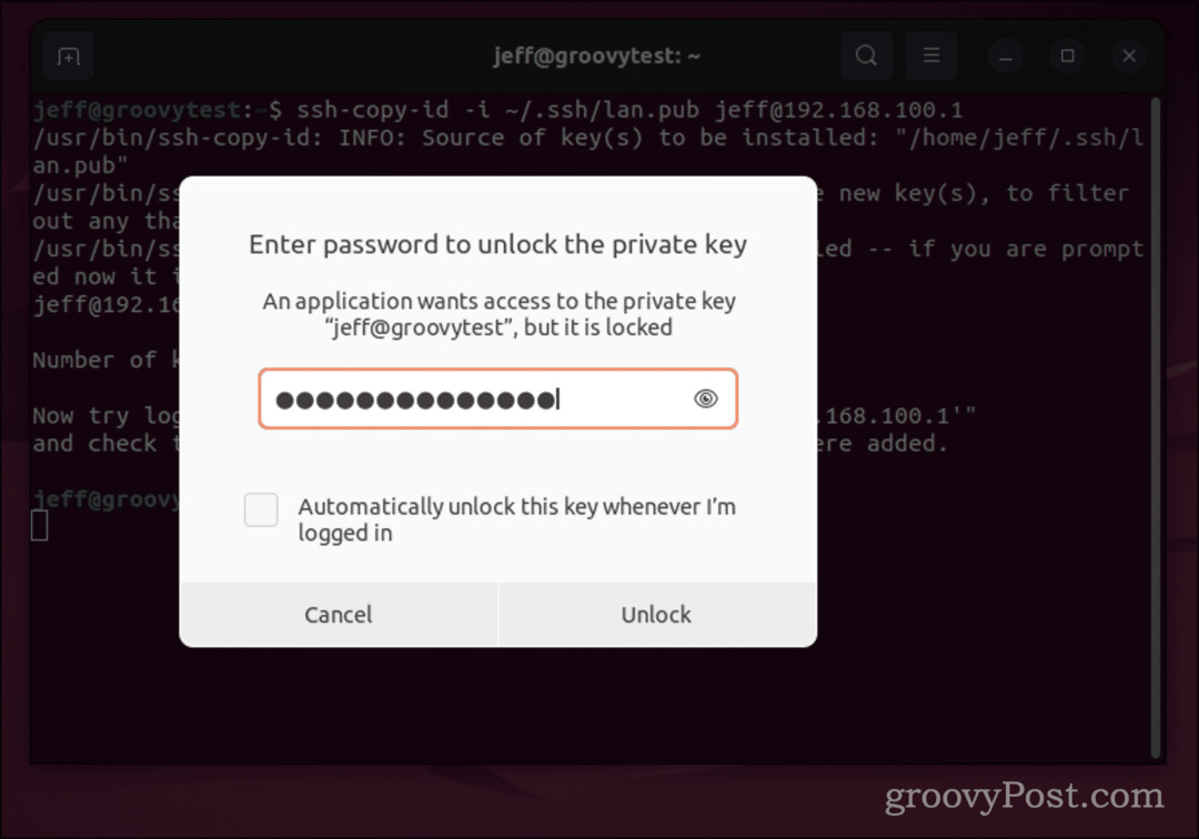 Dialogové okno hesla Ubuntu pro klíč SSH
