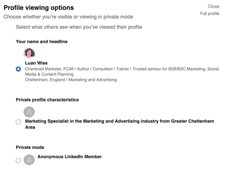 Možnosti zobrazení profilu v nastavení ochrany osobních údajů LinkedIn
