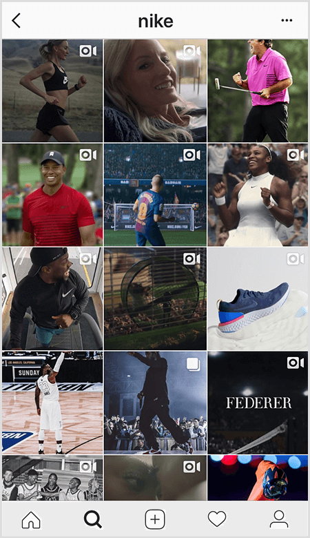 Příspěvky Nike Instagram obsahují mřížku sportovců, kteří nosí vybavení Nike, ale několik obrázků ve zdroji má text.