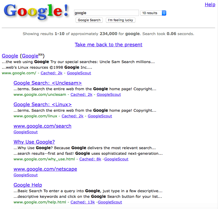 Páteční zábava: Vraťte se na web 1.0 pomocí Googling „Google v roce 1998“