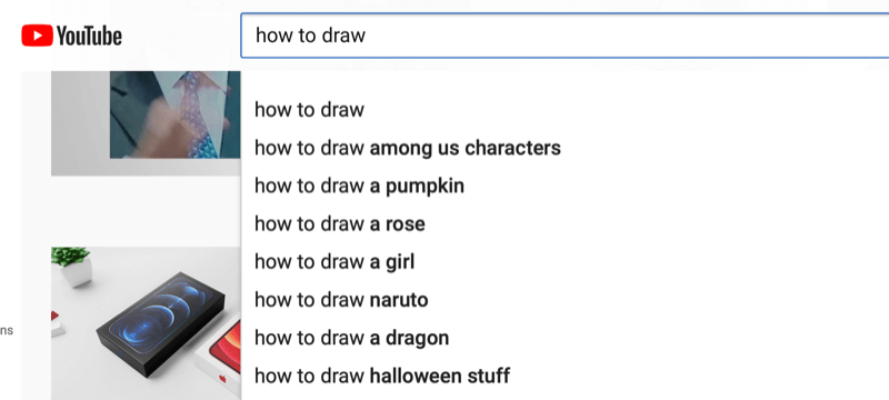 příklad výzkumu klíčových slov na youtube pro frázi „jak kreslit“