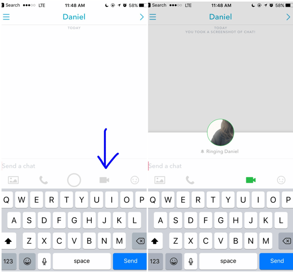 Chcete-li uskutečnit videohovor Snapchat, klepněte na ikonu videa v otevřené konverzaci se zákazníkem.
