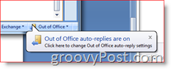 Pravý dolní roh aplikace Outlook 2007 – Připomenutí povolených automatických odpovědí mimo kancelář
