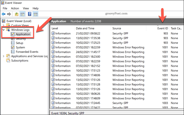 Seznam protokolů aplikací systému Windows v Prohlížeči událostí