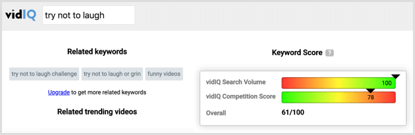 Kliknutím na značku konkurenta ve VidIQ zobrazíte objem vyhledávání a konkurenci pro tuto značku.