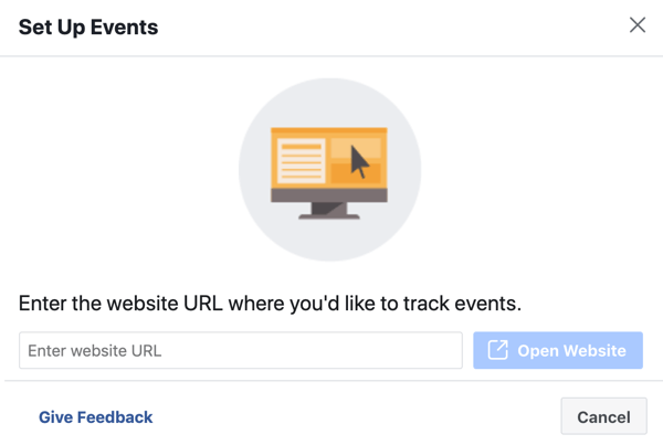 Pomocí nástroje Facebook Event Setup Tool, krok 3, zadejte adresu URL webu a nainstalujte událost pixelu