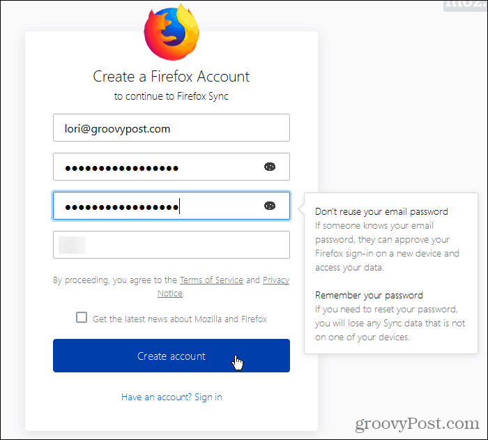 Vytvořte účet synchronizace Firefoxu