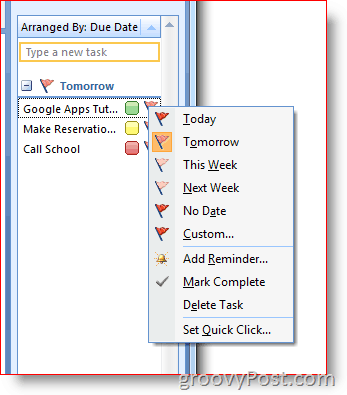 Panel úkolů aplikace Outlook 2007 – Kliknutím pravým tlačítkem myši na příznak zobrazíte nabídku Možnosti