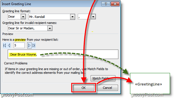 Snímek aplikace Outlook 2010 - ponechejte výchozí možnosti pozdravu a klikněte na ok, zobrazí se také náhled