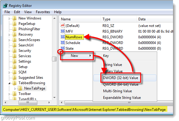 přidat numrows do HKEY_CURRENT_USERSoftwareMicrosoftInternet ExplorerTabbedBrowsingNewTabPage