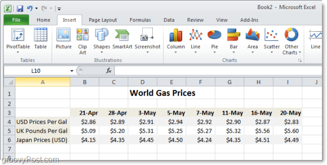 Porovnání světové ceny plynu v Excelu 2010
