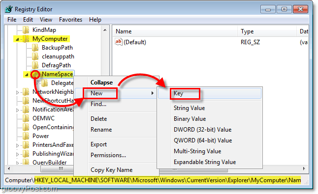přidat nový podklíč do klíče NameSpace v systému Windows 7
