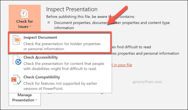 Tlačítko Zkontrolovat dokument v aplikaci PowerPoint